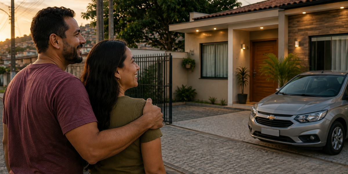 Casal sorrindo em frente a casa nova com carro na garagem ao pôr do sol, cena de conquista, conforto e realização familiar.