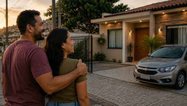 Casal sorrindo em frente a casa nova com carro na garagem ao pôr do sol, cena de conquista, conforto e realização familiar.