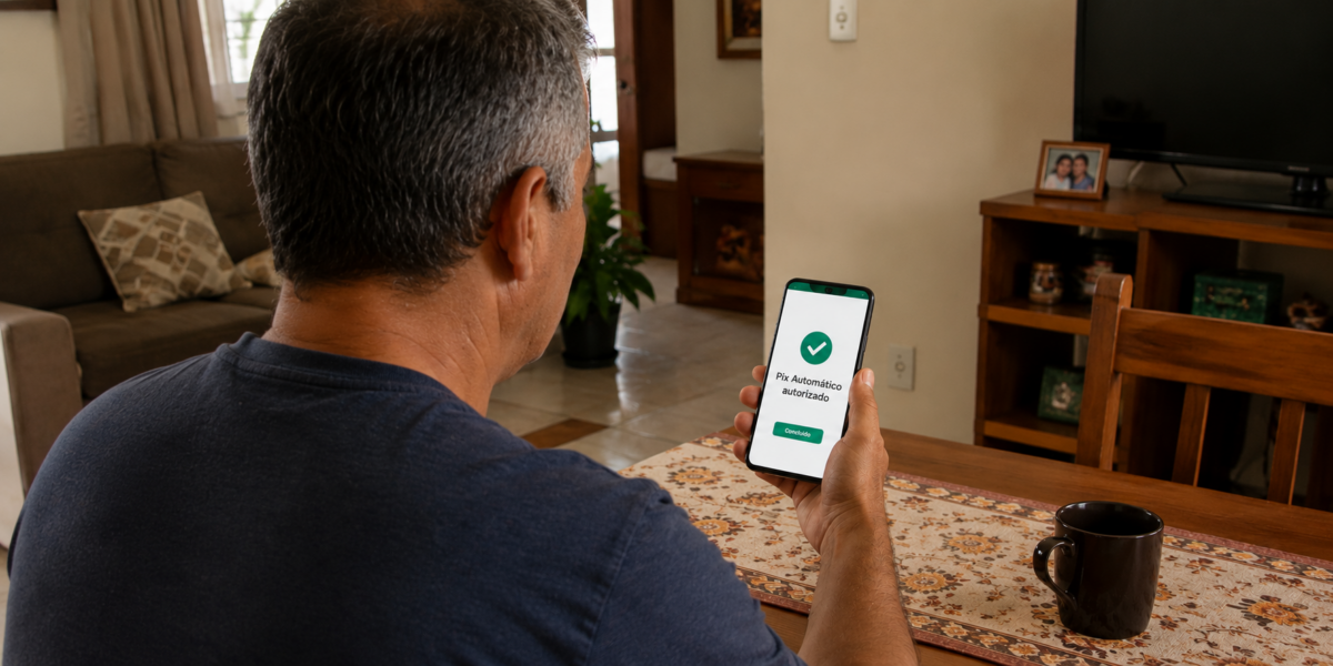 Homem usando o celular para autorizar um pagamento recorrente com Pix automático.