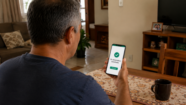 Homem usando o celular para autorizar um pagamento recorrente com Pix automático.