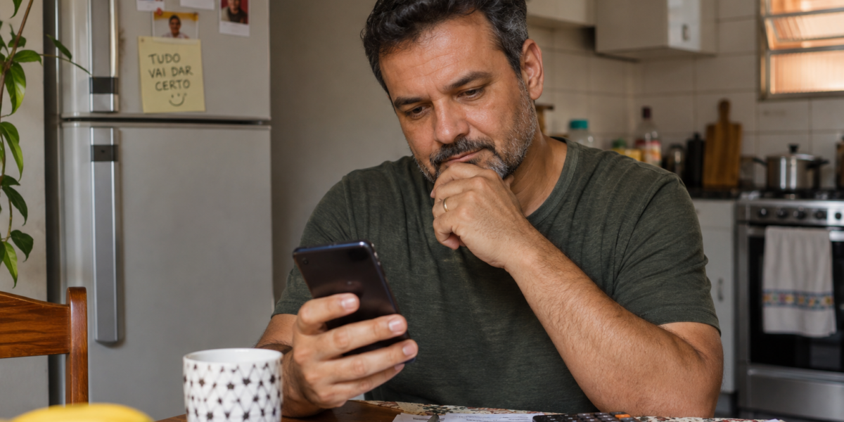 Homem olhando o celular enquanto organiza contas e despesas sobre a mesa, representando o uso do Pix parcelado.