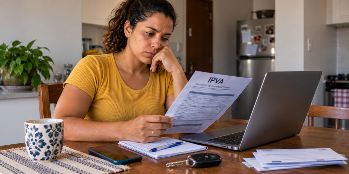 Mulher analisando documento de IPVA atrasado enquanto organiza as contas para regularizar o veículo.