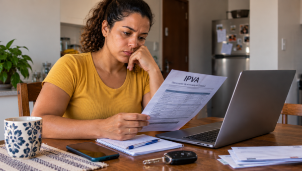 Mulher analisando documento de IPVA atrasado enquanto organiza as contas para regularizar o veículo.
