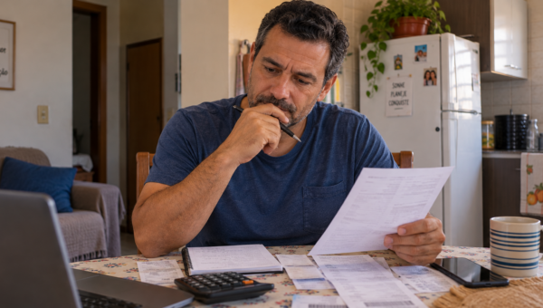 Homem organizando contas da mesa da sala e analisando como reduzir gastos mensais.