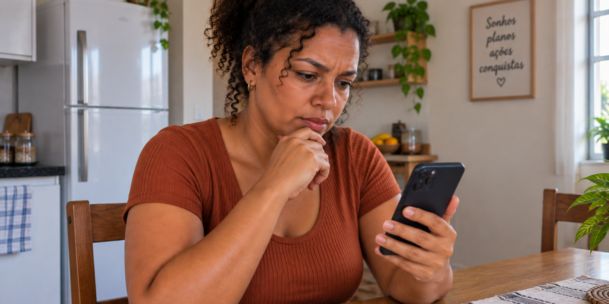 Mulher consultando informações sobre o CPF pelo celular em casa, sentada à mesa em ambiente iluminado e organizado.