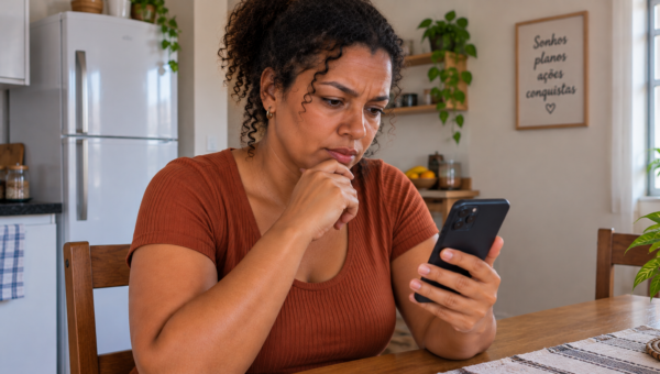 Mulher consultando informações sobre o CPF pelo celular em casa, sentada à mesa em ambiente iluminado e organizado.