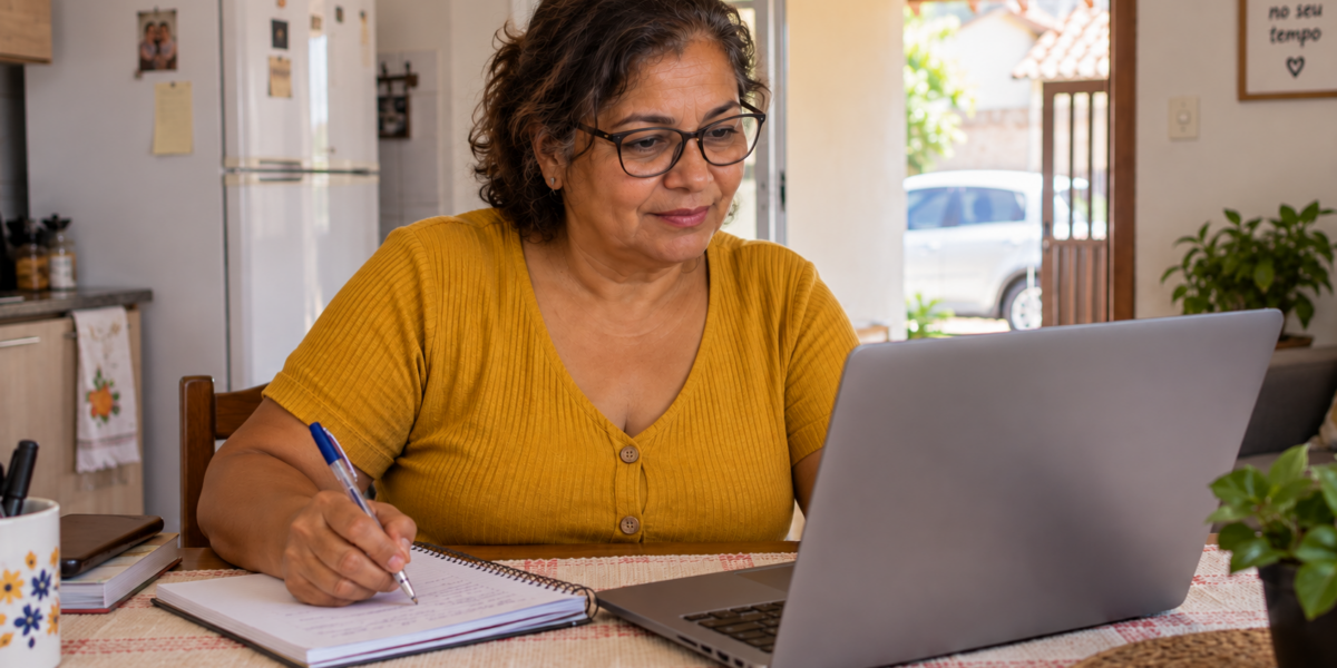 Mulher de aproximadamente 60 anos analisando informações sobre financiamento no notebook enquanto faz anotações em casa.