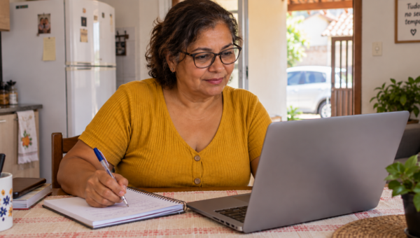 Mulher de aproximadamente 60 anos analisando informações sobre financiamento no notebook enquanto faz anotações em casa.