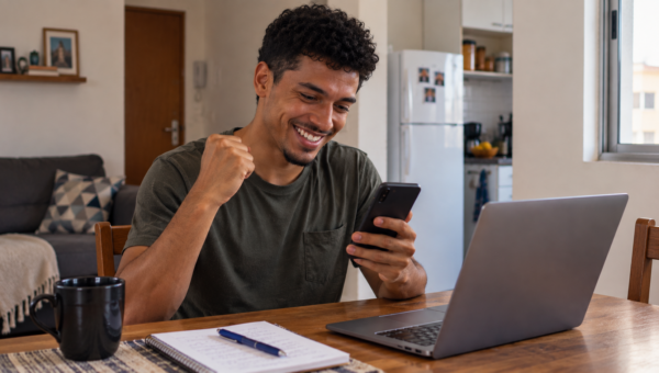 Homem jovem sorrindo ao usar o celular ao lado de um notebook, representando formas de ganhar dinheiro rápido e renda extra.
