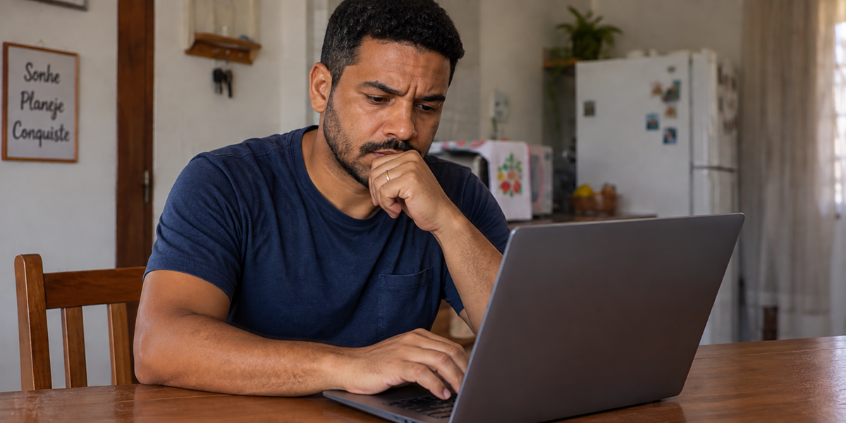 Homem consultando informações sobre protesto de dívida no notebook em casa.